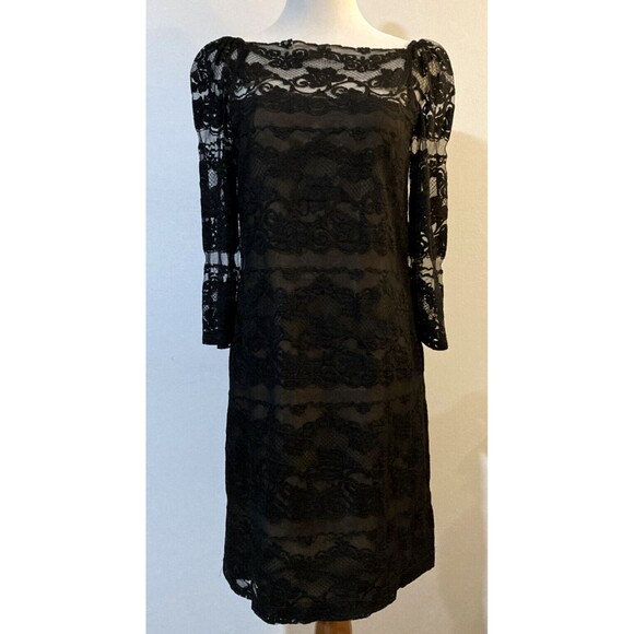 Vintage Anthony Muto Black Lace Dress Union Made in USA 1960s Puff Sleeve Size 8 - Picture 1 of 16